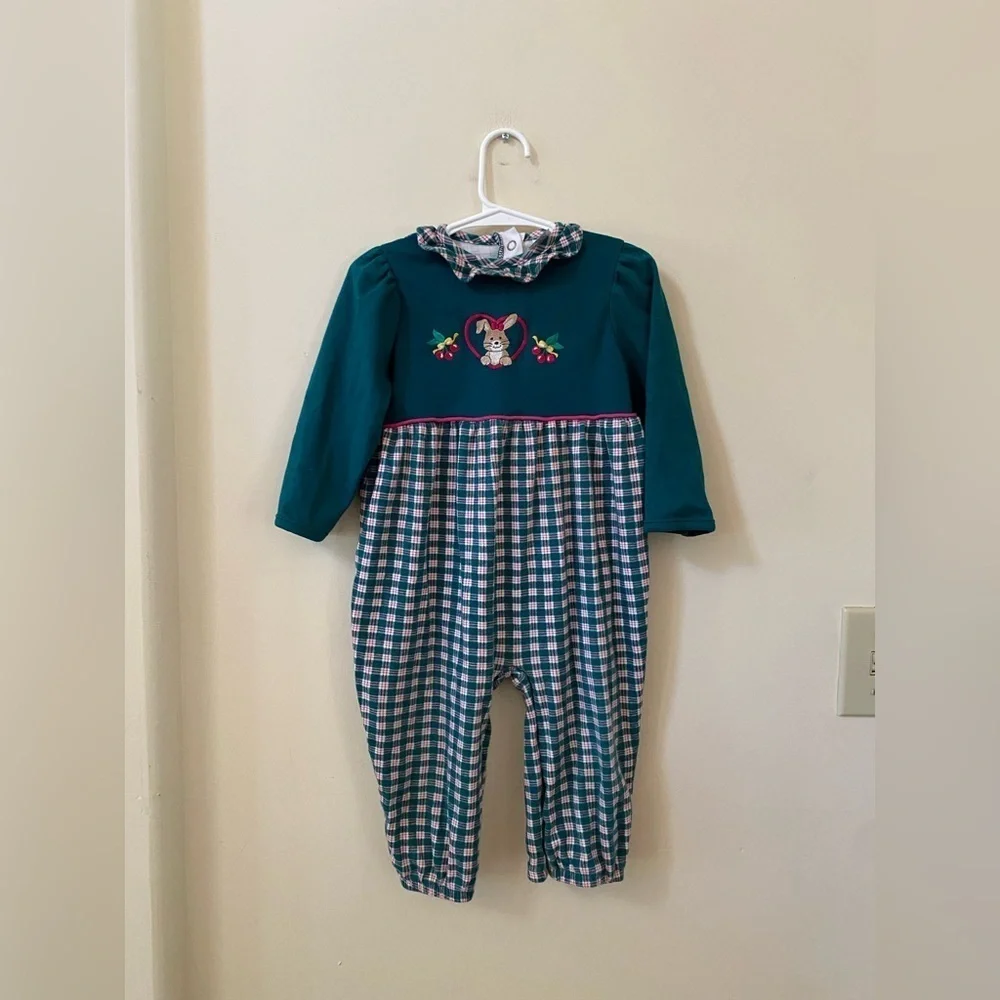 Vintage Healthtex Jumper 24 MO Embroidered Bunny Plaid Collar 100% Cotton